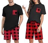 PrinStory Couples Christmas Pajama Sets For Family Men loungewear Short Sleeves Round Neck Shirts and Shorts Soft Sleep Sets Red Plaid M