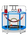 BLUERISE 60" Trampoline for Kids 5FT Toddler Trampolines Indoor/Outdoor with Anti-Rollover Bottom Safety Enclosure Adjustable Gymnastics Bars Basketball Hoop Baby Toddler Blue