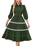 Women's Button Down Maxi Shirt Dress 3/4 Puff Sleeve Drawstring Waist Tiered Flowy Collared RIC Rac Long Dresses with Pockets Green