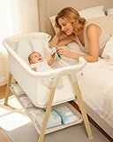 JevrJeur Baby Bassinet, Bedside Bassinet for Baby, Bassinet Bedside Sleeper with Mattress, Storage Basket and 4 Auto-Lock Wheels, Full-Mesh Sides, Bedside Mini Crib for Newborn (Beige)