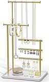 susswiff Jewelry Holder Organizer Stand - Adjustable Tall 17.5" (Max), Sturdy Jewelry Hanger for Necklaces, Earrings, Bracelets, Rings, Jewlery Display and Storage, Gold and White, Metal