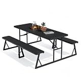 VINGLI Outdoor Picnic Table with Umbrella Hole, 6FT All Weather Metal Frame HDPE Tabletop Plastic Picnic Table for Dining Party Garden(Black)