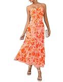 GRACE KARIN Women's Summer Floral Maxi Dress Spaghetti Strap Ruffle Wedding Guest Dresses Beach Long Mesh Sundress Orange Floral L