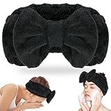 Shintop Spa Headband, Soft Carol Fleece Makeup Headband with Cute Bow Elastic Hairband for Washing Face Skincare Facial Mask Showers（Black）