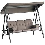 Outsunny 3-Seat Patio Swing Chair, Outdoor Porch Swing Glider with Adjustable Canopy, Removable Cushion, Pillows and Side Trays, for Garden, Poolside, Backyard, Brown