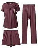 Rnxrbb 3 Piece Women's Maternity Nursing Pajamas Set V Neck Breastfeeding Pjs Sleepwear Postpartum Shorts&Pants Pockets,Dark purple L