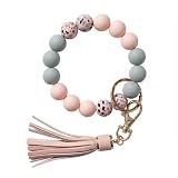 BIHRTC Key Ring Bracelet Car Keychain Holder Wristlet Silicone Women Beaded Bangle Chains（Light Pink，2.5 inch）
