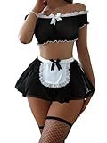 Foxiny Petite Sexy Stockings Mini Skirt Mesh Sheer Lace Halloween Costume Maid Outfit Lingerie with Thong Set 4 Piece Women Roleplay See Through Matching Bra Panty Underwear Black X-Small