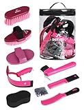Shinewell Horse Grooming Brushes Kit 9 pieces with Organizer Bag Grooming Care Series Horse Brush Sets Pink