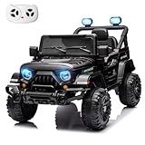 MINIATURE MOTORS 12V Kids Electric Ride on Truck Car Remote Control, Twin 35W Motors 3.5MPH Max Speed, Bluetooth USB Music Player, 4 Wheels Suspension LED Lights Safety Belt, Gift for Boy & Girl-Black