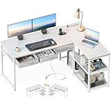 AODK 53 Inch L Shaped Computer Desk with Drawers, Corner Desk with Power Outlets & Reversible Storage Shelves, Movable CPU Stand for Home Office Gaming, White