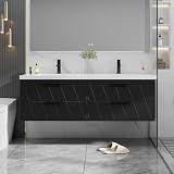 eclife 60" Floating Bathroom Vanity with Sink Combo, Modern Wall-Mounted Vanities Cabinet W/Decor Lines, Soft-Closing Drawers, Double White Sink, Faucet & Drain, Black
