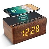ANJANK Wooden Digital LED Alarm Clock FM Radio, Fast Wireless Charger Station for iPhone/Samsung Galaxy, 5 Level Dimmer, USB Charging Port, 9 Sounds, Sleep Timer for Bedroom, Bedside, Desk