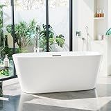 67 Inch Acrylic Freestanding Bathtub, Deep Soaking Tub with Non-Slip Base, CUPC Certified Free Standing Tub, Chrome Drain Bath Tub, Modern Tub for Bathrooms, White