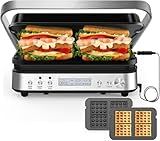 Panini Press Grill Sandwich Maker with Removable Plates, Cattleman Cuisine 6 in 1 Indoor Grill with Meat Thermometer, Electric Contact Grills for Kitchen, Stainless Steel, 1600W