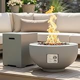 HillAethel 28-inch Round Fire Pit Table with Propane Tank Table,Set-2-Piece,Light Concrete Fire Pit Bowl with Free Lava Rocks, Rain Cover and Burner Lid, for Outside Patio, Garden, Deck, Light Grey