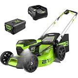 Greenworks 60V 21" Brushless (Push) Cordless Lawn Mower, 5.0Ah Battery (1/2 Acre, Rapid Charger, 4-in-1, LED Lights, IPX4)