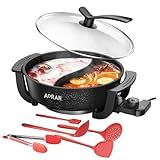 AORAN 6L Electric Hot Pot, Non-Stick Smokeless Cooking Pot with Divider for Hot Pot, Fondue, Shabu Shabu, Multi-Function, Includes Ladle, Tongs, Oil Brush, Food Tongs, Easy to Clean Black