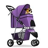 Magshion 3-Wheel Pet Stroller, Foldable Travel Jogger for Small & Medium Dogs & Cats (Up to 33lbs), Lightweight Carrier with Breathable Mesh Cover, Cup Holder & Storage Basket, Purple