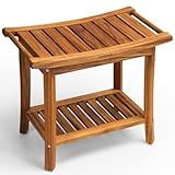 GREENTEAK Premium 22" Teak Wood Shower Bench with Shelf, 2-Tier Waterproof Teak Shower Stool, Non-Slip Feet for Enhanced Safety, Spa Bath Seat for Bathroom, Indoor & Outdoor Use, 300 lb Capacity