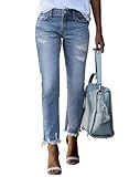 EVALESS Womens Jeans Stretchy High Waisted Pull On Ripped Distressed Jean Tummy Control Straight Ankle Denim Pants Sky Blue Size 10