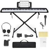 88 Key Piano Keyboard, Electric Digital Piano with Semi Weighted Keys, Keyboard Piano with Sustain Pedal, Power Supply, Stand, Carrying Case, Headphones, USB-MIDI Compatibility, for Beginner Adults