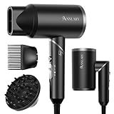 ANNLARY Plasma Ion Hair Dryer with Diffuser for Curly Hair, 1800W Fast Drying Blow Dryer with Comb, Lightweight and Low Noise Hairdryer for All Hair Types, Foldable Design for Travel