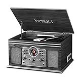 Victrola The Quincy 6-in-1 Bluetooth Record Player & Multimedia Center with Built-in Speakers – 3-Speed Turntable, CD & Cassette Player, FM Radio, Wireless Music Streaming (Grey Wood)