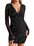 Women's Long Sleeve Sequin Bodycon Mini Dresses Sexy Sheer V Neck Ruched Club Night Out Party Going Out Dress SparklyBlack M