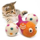 Hustle & Blush Love Ewe Wool Cat Toys 3 Pack, 3in Fish with Bell & 2in Ball