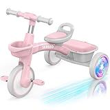 SEREED Colorful Lighting Toddler Tricycle for 2-5 Years Old Girls, Adjustable Seat&Handlebar Trike, Removable Basket, Birthday Gift Idea for Kids Ages 2+ (Pink)