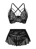 Foxiny Sexy Mini Skirt with Thong Floral Lace Sheer Bralette Lingerie Set 3 Piece Otufits Women See Through Bra Panty Strappy Black Medium