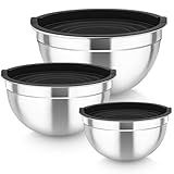 TeamFar Mixing Bowls, 4.6/3 / 1.5 QT, Stainless Steel Nesting Salad Bowls with Airtight Lids Set, For Serving/Mixing/Storing, Healthy & Long-lasting, Dishwasher Safe & Easy Clean, Black