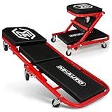 M-AUTO 40-Inch Folding Creeper Rolling Seat, All-in-One Adjustable Roller Garage Chair, Lay Down or Sit, 330LBS Capacity Under Car Roller Creeper with 6 Swivel Casters, Red