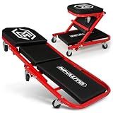 M-AUTO Foldable Z Creeper 2-in-1 Rolling Folding Car Creeper & Seat, 36" Adjustable Roller Garage Chair Lay Down or Sit, 330LBS Capacity Under Car Roller Creeper with 6 Swivel Casters, Red