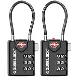 SURE LOCK TSA Approved Luggage Locks with Open Alert Indicator, 3 Digit Combination Cable Travel Lock for Suitcase, Backpack, Gym Locker, Toolbox & Travel Bag, 2 Pack Black