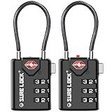 SURE LOCK TSA Approved Luggage Locks with Open Alert Indicator, 3 Digit Combination Cable Travel Lock for Suitcase, Backpack & Travel Bag, 2 Pack Black