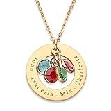 Birthstone Necklace for Mom, Personalized Necklace with Kids Names, Custom Family Jewelry for Wife, Grandma, Women, 1 2 3 4 5 Grandkids, Mother's Day & Birthday Gift, 18k Plated Gold, Rose, Silver