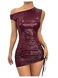 Milumia Women's Off Shoulder Pu Leather Mini Dress Sexy Drawstring Ruched Party Club Short Dresses Burgundy Large