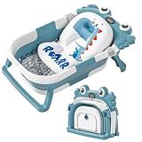Collapsible Baby Bathtub for Newborns with Thermometer and Soft Floating Cushion Portable and Foldable Travel Baby Girl Bath Tub for Infants to Toddler 0-36 Month (Blue)