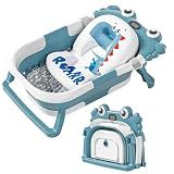 Collapsible Baby Bathtub for Newborns with Thermometer and Soft Floating Cushion Portable and Foldable Travel Baby Girl Bath Tub for Infants to Toddler 0-36 Month (Blue)