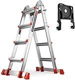 Soctone Ladder, A Frame 4 Step Extension Ladder, 14.5 Ft with Multi Position & Removable Tool Tray with Stabilizer Bar, 330 lbs Weight Rating Telescoping La dder for Household or Outdoor Work