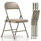 Nazhura Folding Chairs with Padded Vinyl Cushion Chairs with Comfortable Cushion and Durable Steel Frame for Home and Office, for Indoor and Outdoor Events (Kahki, Vinyl, 4 Pack)