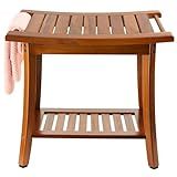 Utoplike Teak Shower Bench Seat with Handles, Portable Wooden Spa Bathing Stool with Storage Towel Shelf, 22" x 13" x 18.6", Perfect for Indoor and Outdoor Use