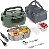 Vabaso Electric Lunch Box for Adults, 80W Heated Lunch Box Portable Food Warmer Lunch Box for Work/Men/Car/Truck with 1.5L 304 Stainless Steel Container Fork & Spoon, 110V/12V/24V
