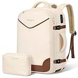 Taygeer 35L Travel Backpack Carry On with Lock, TSA Flight Approved Carry on Backpack with USB Charging Port, Expandable Weekend Trip Backpacks Fits 15.6 Inch Laptop for Women, Beige & Brown
