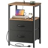 Huuger Nightstand with Charging Station, Side Table with Fabric Drawers
