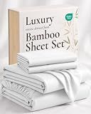 Hotel Sheets Direct 4 Piece Bed Sheet Set Queen Size, 100% Viscose Derived from Bamboo Sheets Set with 2 Pillowcases, Cooling & Breathable Luxury Bedding, Moisture-Wicking & Silky Soft Texture, White