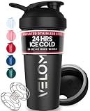 VELOMIX 24oz Stainless Steel Shaker Bottle with Wire Whisk, Black