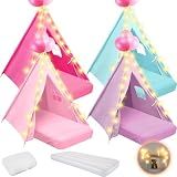 Lemosae 4 Pack Kids Teepee Tent Sleepover Set with Air Mattresses, Fitted Sheets, Star Lights and Balloons, Indoor Slumber Party Tent Kit for Girls Birthday Party Playroom and Movie Night(Colorful)